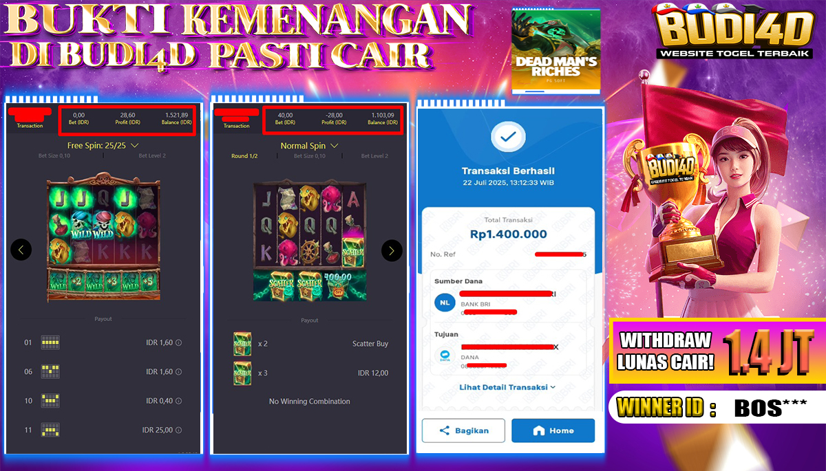 BUDI4D JACKPOT USERID:  BOS**** SLOT PGSOFT DEAD MENS RICHES Rp.1.400.000,- LUNAS